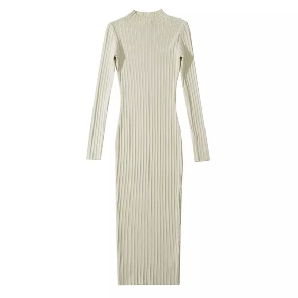 Cream Ribbed Knit High Neck Midi Dress - Picture 5 of 15